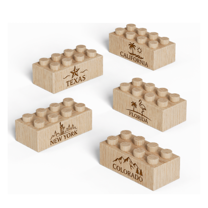 States Theme Custom engraved 2x4 wooden bricks compatible with LEGO featuring Texas, California, Florida, New York, and Colorado state designs. FSC-certified eco-friendly wood building blocks made in the USA for state pride, geography learning, and creative play.