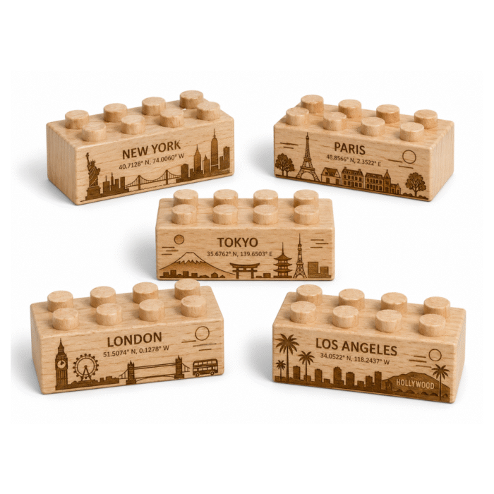 Custom engraved standard 2x4 wooden bricks featuring world cities New York, Paris, Tokyo, London, and Los Angeles with skyline illustrations and geographic coordinates. FSC-certified eco-friendly wood building blocks compatible with LEGO-compatible bricks and made in the USA.