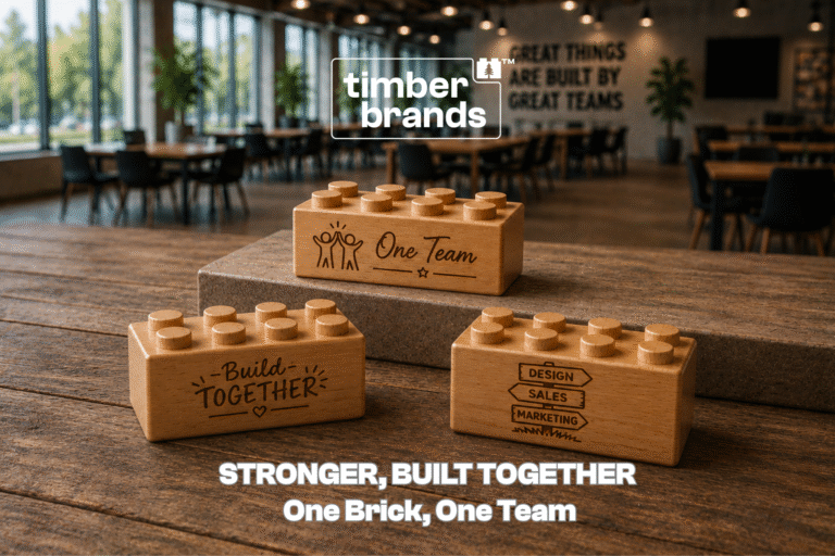 Custom engraved wooden bricks with team-building messages and department names displayed as corporate team-building activity tools.