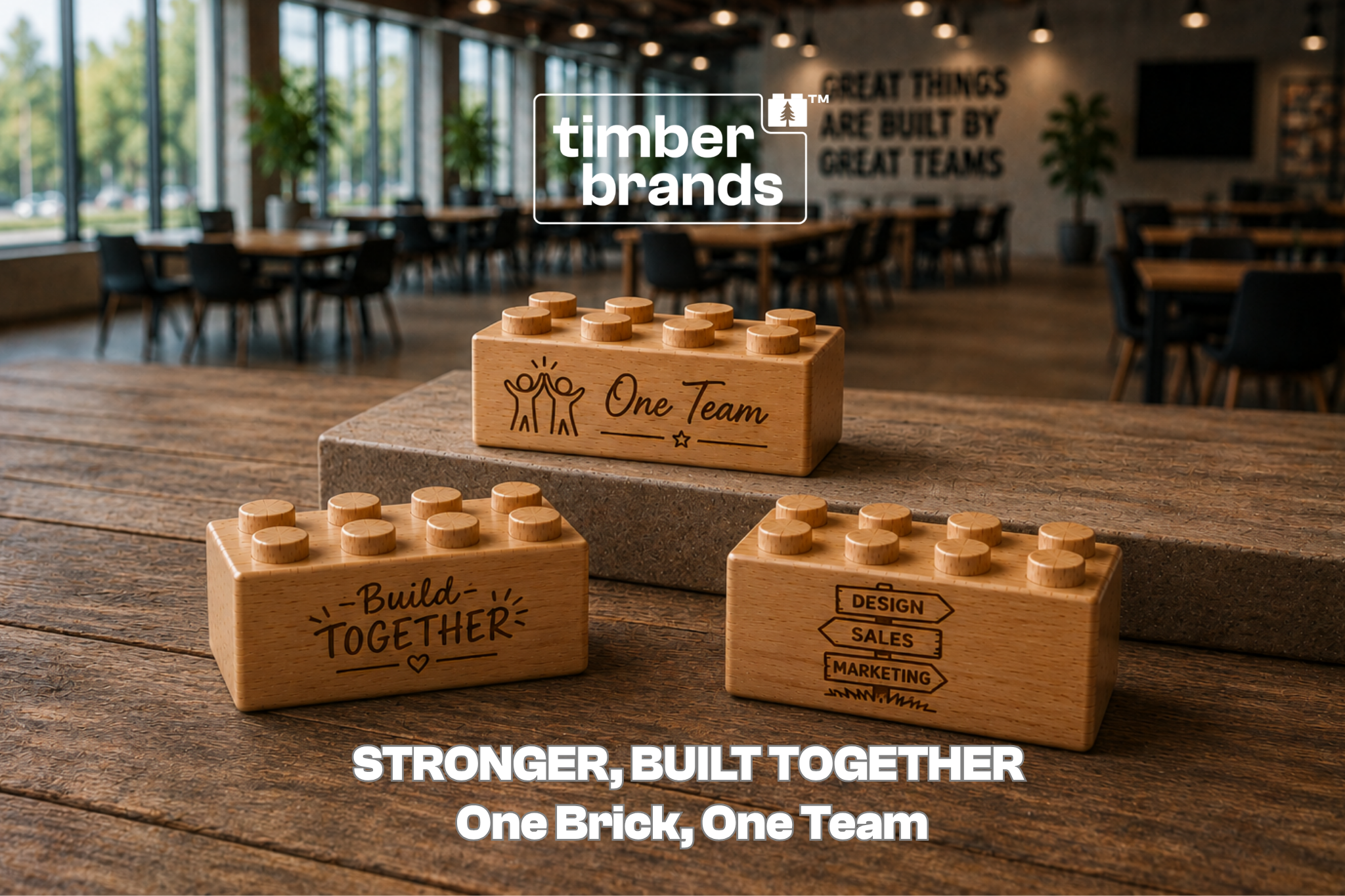 Custom engraved wooden bricks with team-building messages and department names displayed as corporate team-building activity tools.