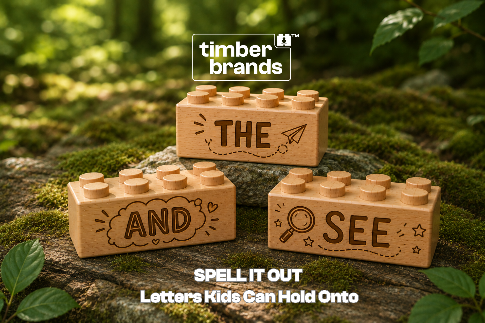 Engraved wooden sight-word bricks displaying “the,” “and,” and “see” for hands-on spelling and early literacy activities.