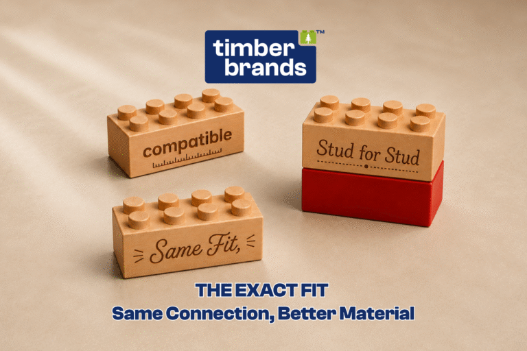 Timber Brands wooden bricks compatible with LEGO®, shown as engraved 2×4 wood bricks connecting stud-for-stud with a red plastic brick.