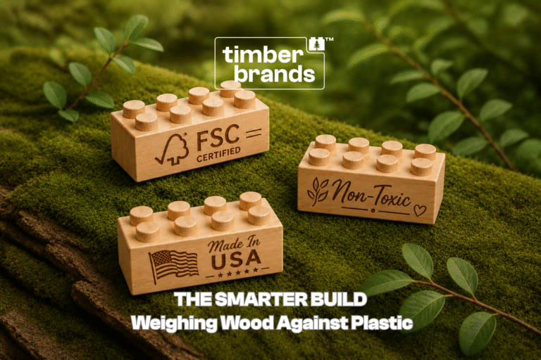 Three Timber Brands wooden building bricks engraved with "FSC Certified," "Non-Toxic," and "Made in USA" on a green surface with leaves, beneath the words "The Smarter Build."