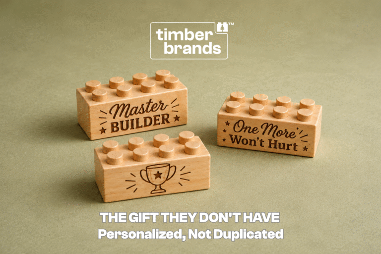 Personalized engraved Timber Brands wooden bricks displayed as unique gifts for LEGO® lovers who already own too many sets.