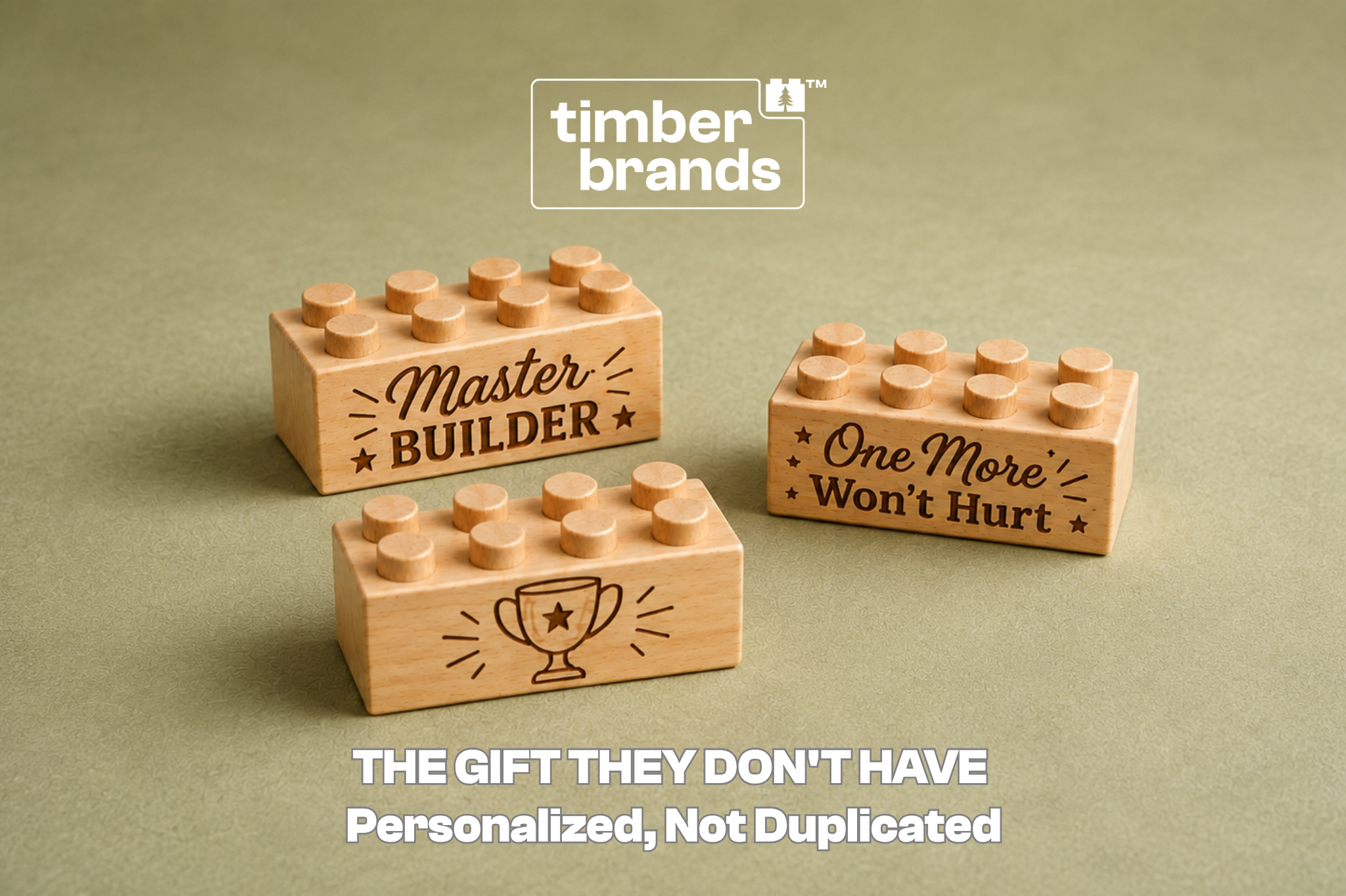 Personalized engraved Timber Brands wooden bricks displayed as unique gifts for LEGO® lovers who already own too many sets.