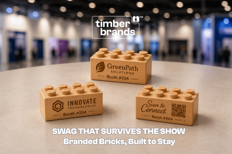 Custom engraved wooden bricks with company logos, QR code, and booth number displayed as sustainable trade show giveaways.
