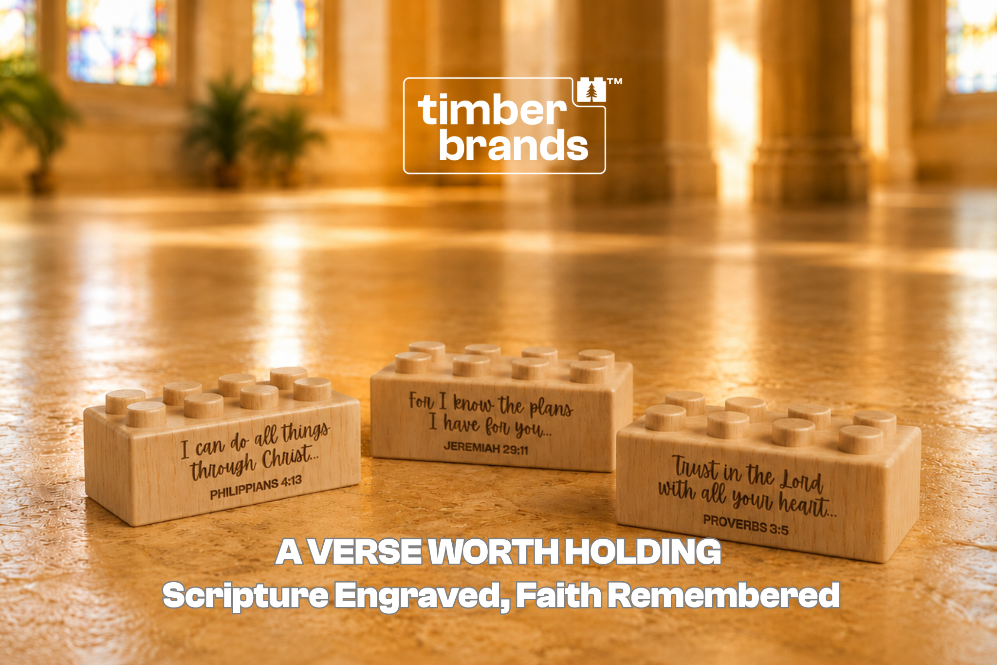 Engraved wooden Bible verse bricks featuring Philippians 4:13, Joshua 1:9, and Proverbs 3:5 in a church setting.