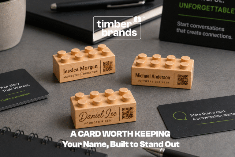 Custom engraved wooden brick business cards with names, job titles, and QR codes displayed as creative networking card alternatives.