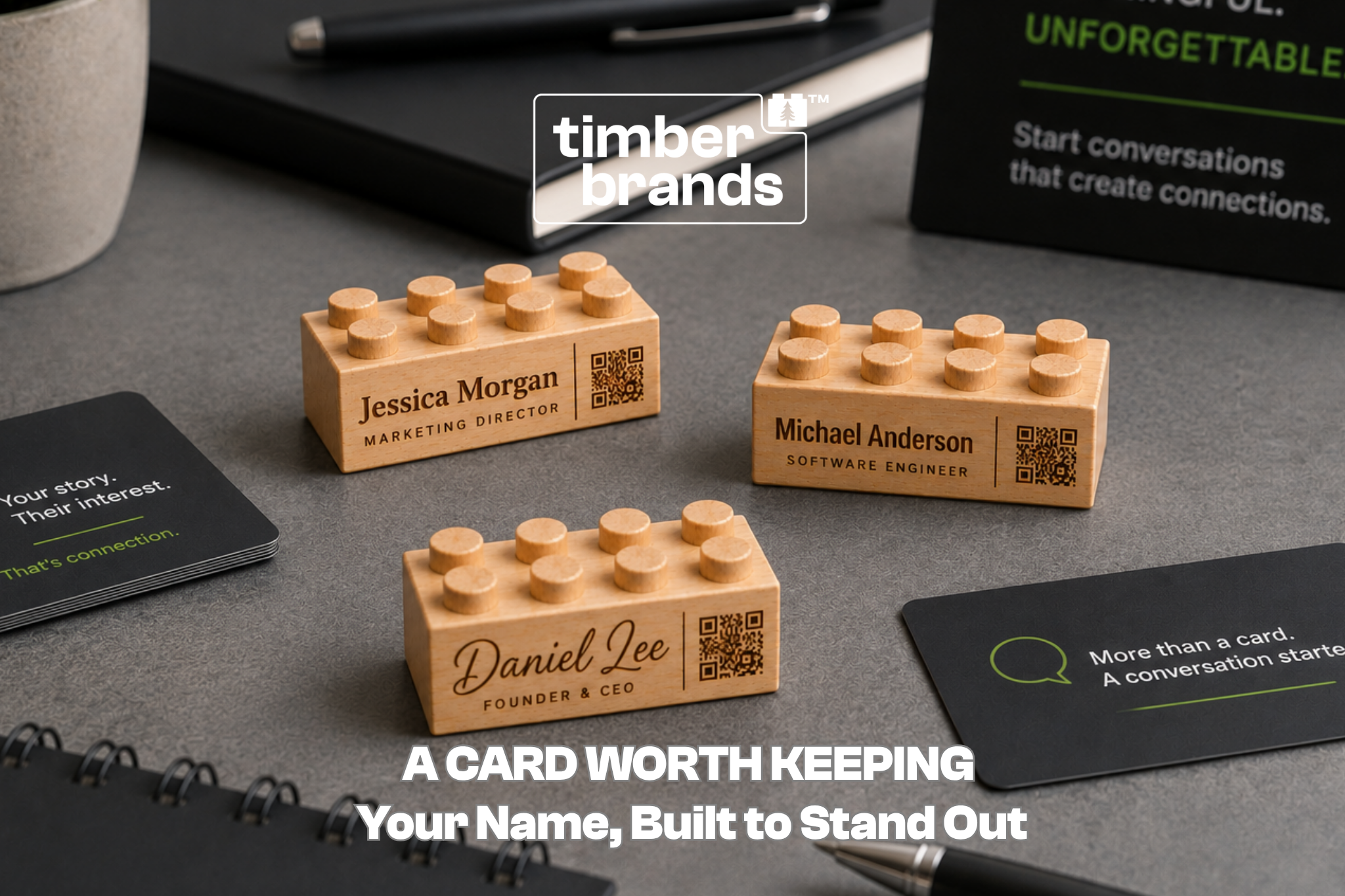 Custom engraved wooden brick business cards with names, job titles, and QR codes displayed as creative networking card alternatives.