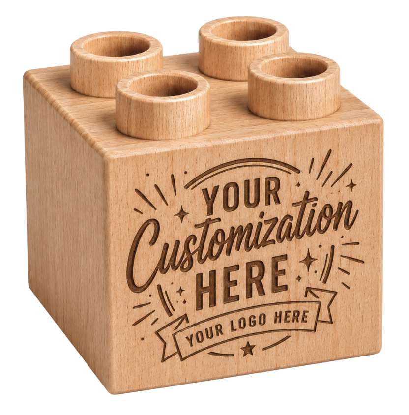 Custom engraved 2×2 plus-size wooden brick compatible with LEGO DUPLO bricks