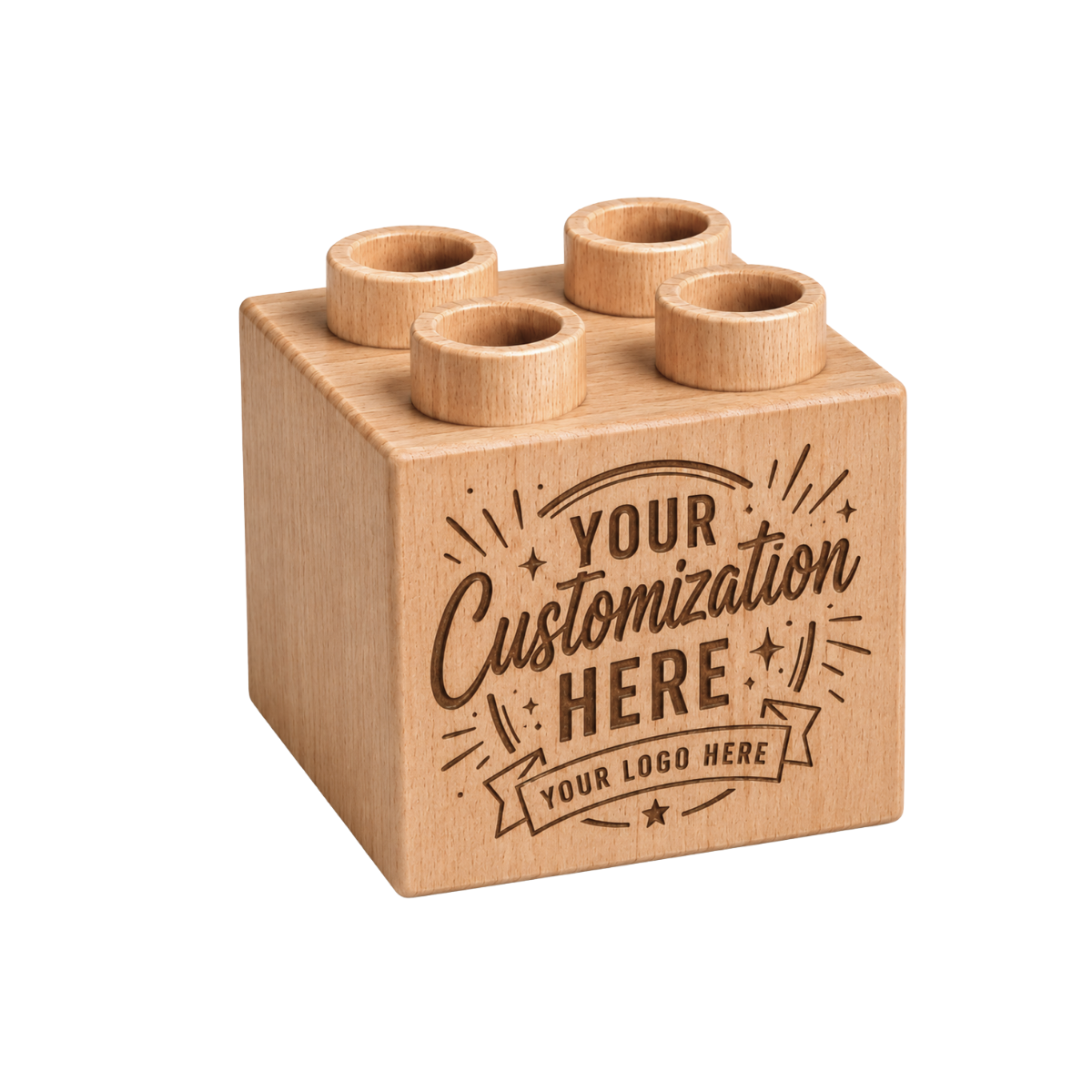 Plus 2×2 wooden brick with sample custom engraving