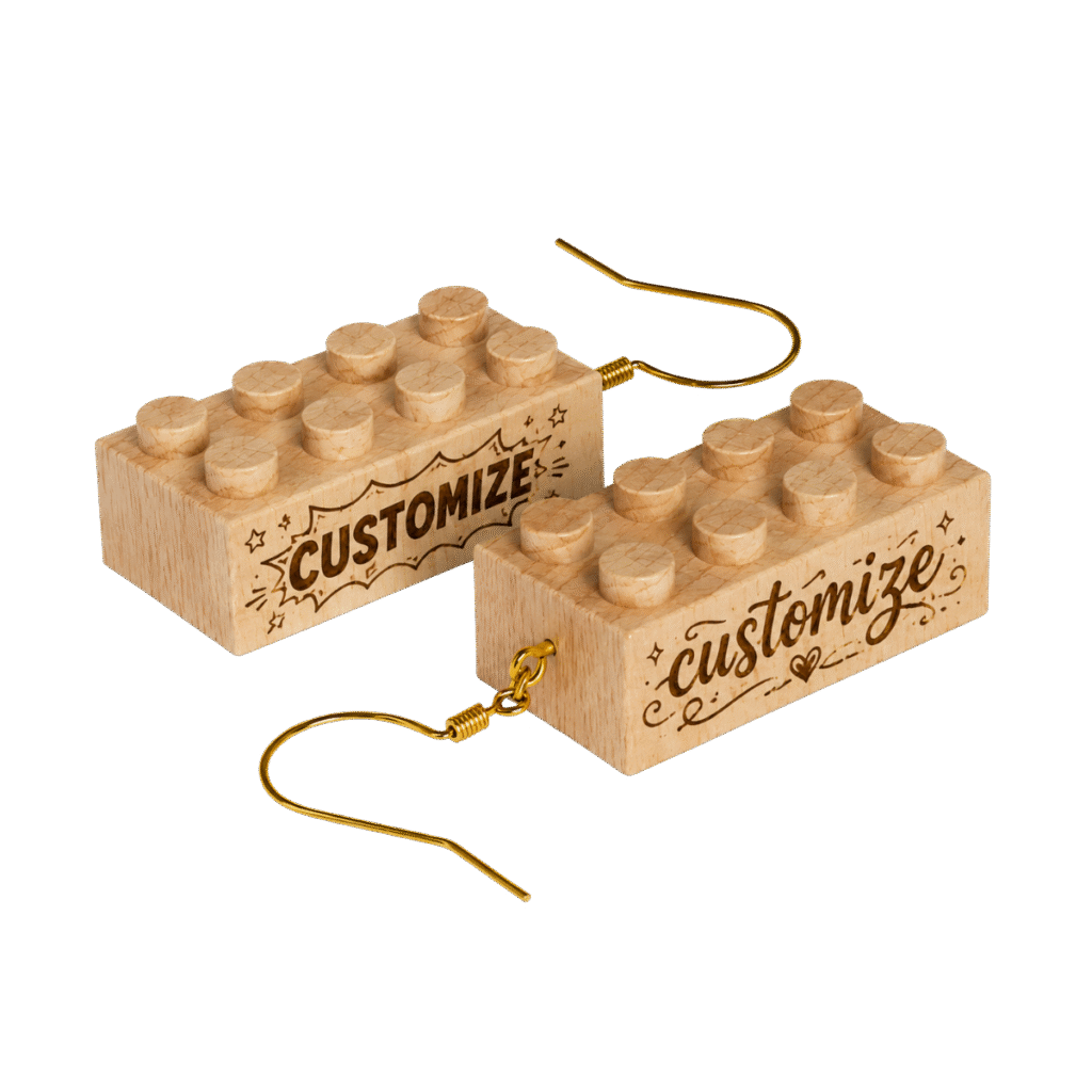 Brick earrings with example engraving — personalize with your own text or artwork