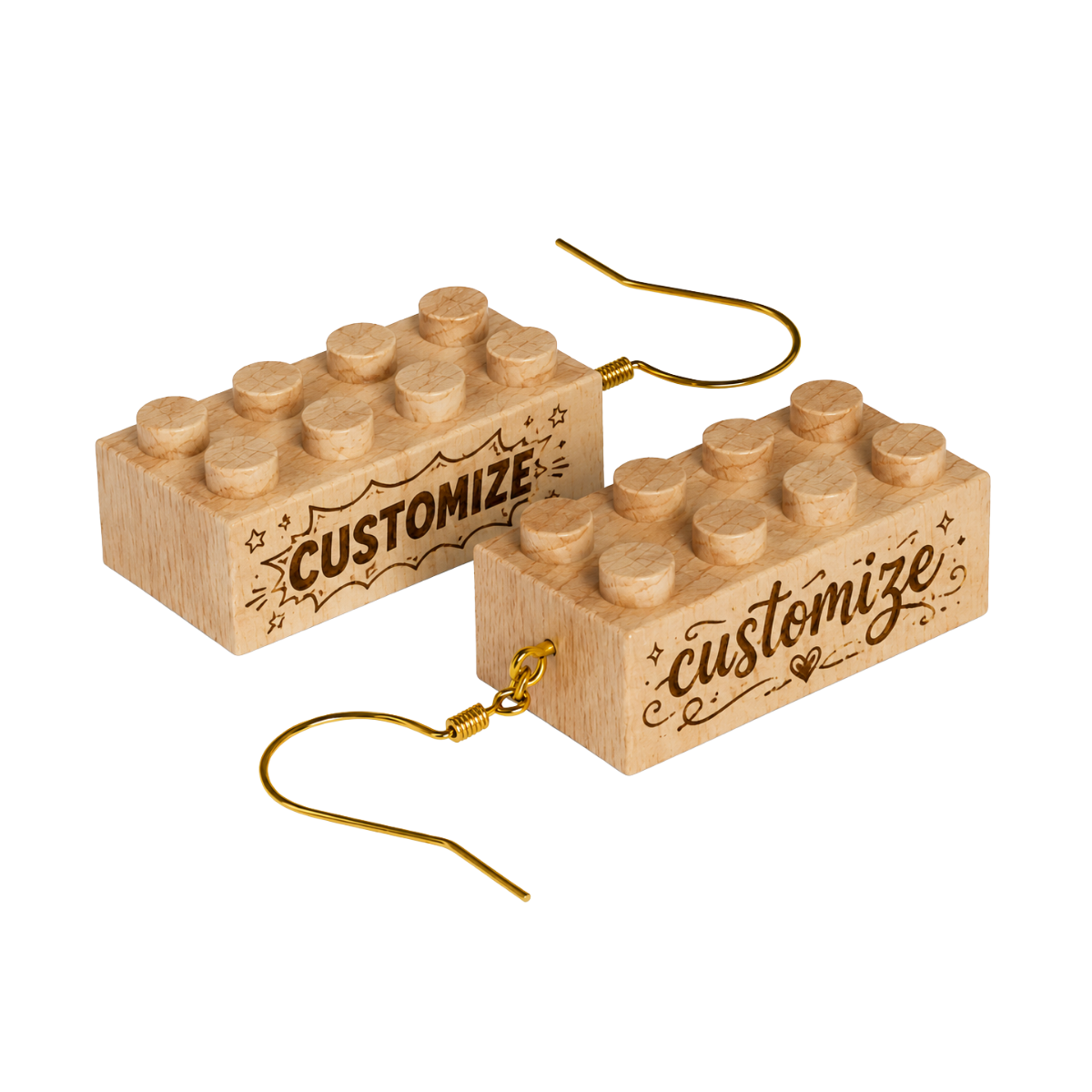 Pair of custom engraved standard-size 2×4 wooden brick earrings