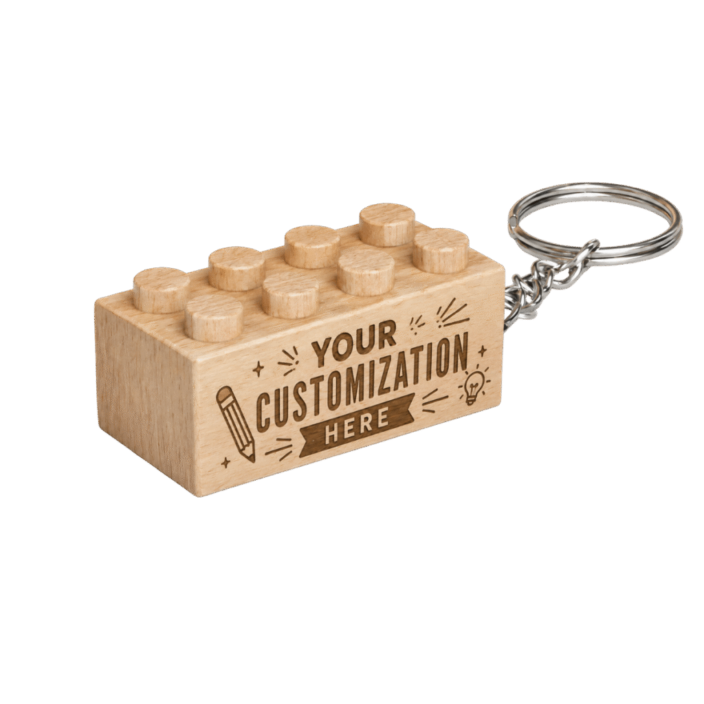 Brick keychains with example engraving — personalize with your own text or artwork