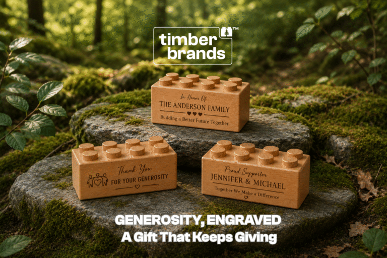 Engraved wooden donor recognition bricks displayed outdoors, personalized for supporters, fundraisers, and capital campaign giving.