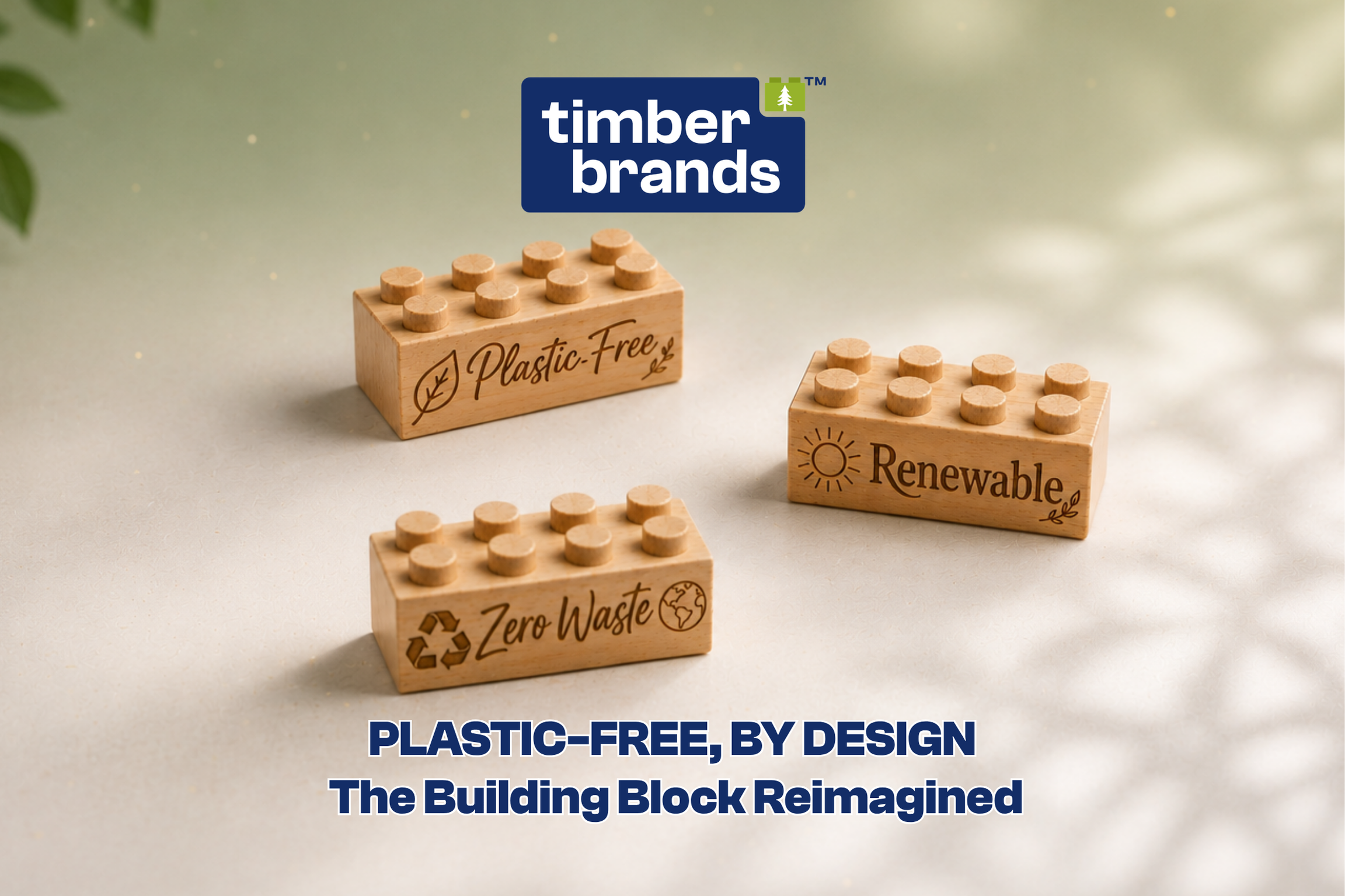 Three Timber Brands wooden building bricks engraved with "Plastic-Free," "Renewable," and "Zero Waste," beneath the words "Plastic-Free, By Design."