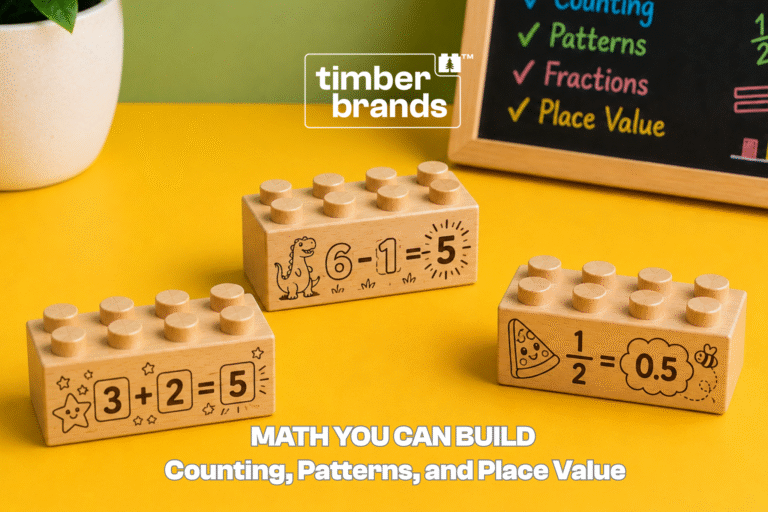 Engraved wooden math bricks showing addition, subtraction, and fractions for hands-on counting, patterns, and place value activities.