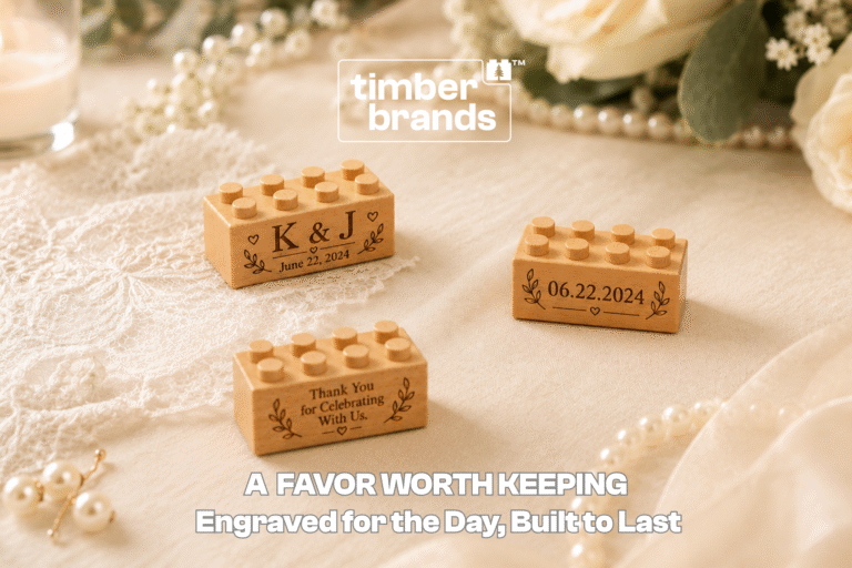 Personalized wooden wedding favor bricks engraved with couple initials, wedding date, and thank-you message on an elegant reception table.
