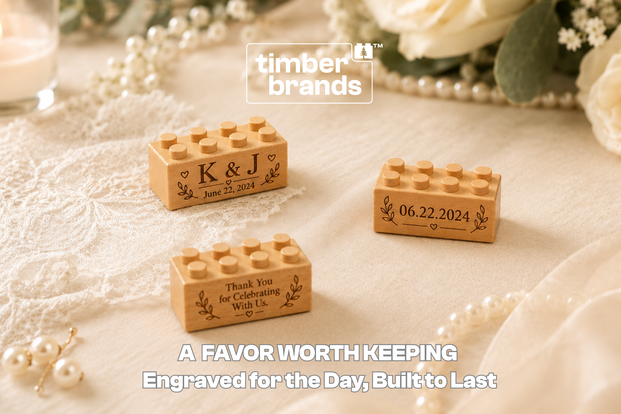 Personalized wooden wedding favor bricks engraved with couple initials, wedding date, and thank-you message on an elegant reception table.