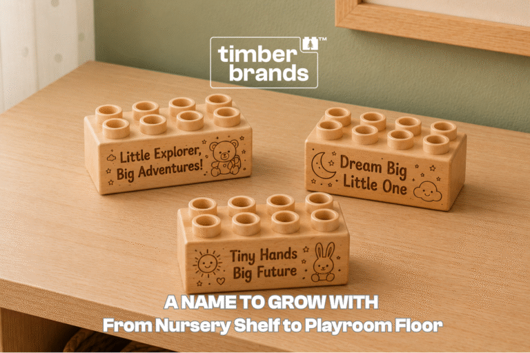 Personalized wooden name bricks for babies and kids displayed as nursery décor and early learning gifts in a child’s room.