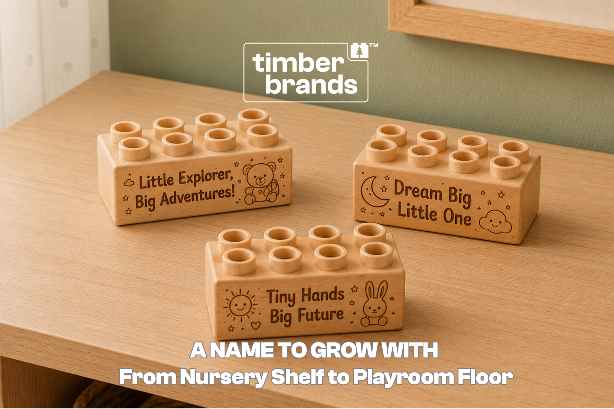 Personalized wooden name bricks for babies and kids displayed as nursery décor and early learning gifts in a child’s room.