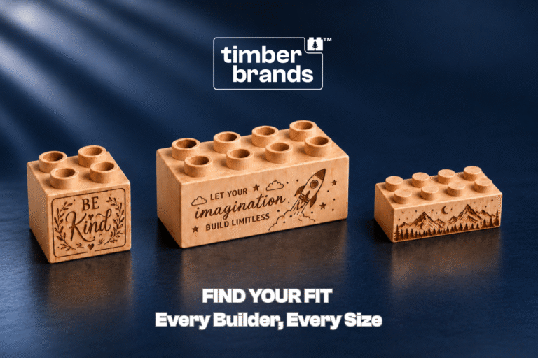 Standard and Plus-Size Timber Brands wooden bricks comparing 2×2 and 2×4 formats for different builders and compatible building systems.