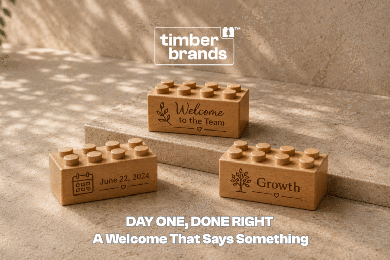 Custom engraved wooden onboarding bricks with welcome message, start date, and company value displayed as sustainable employee onboarding gifts.