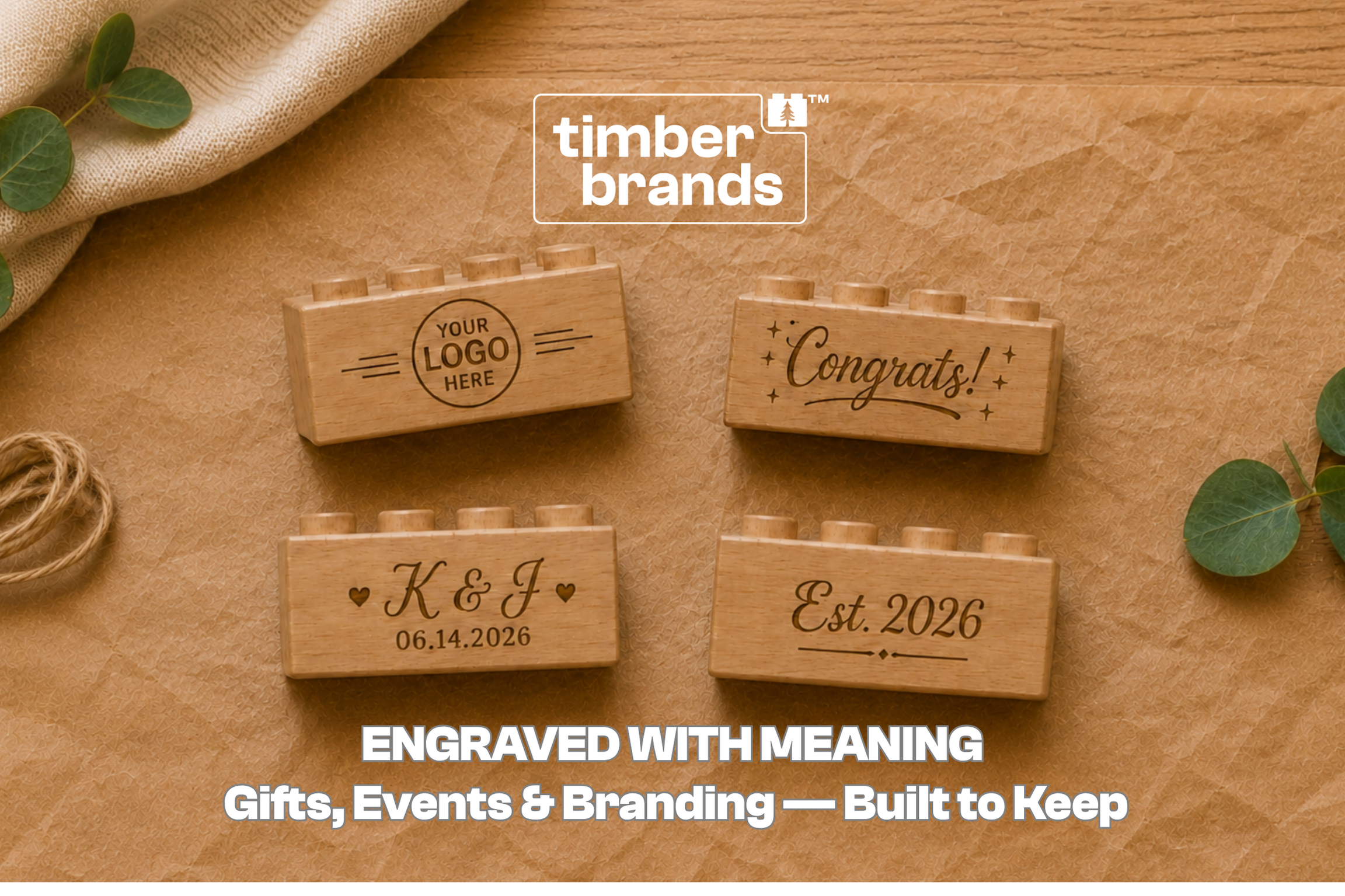 Four Timber Brands wooden building bricks engraved with "Your Logo Here," "Congrats!," "K & J 06.14.2026," and "Est. 2026" on a kraft paper surface with eucalyptus leaves, beneath the words "Engraved with Meaning."