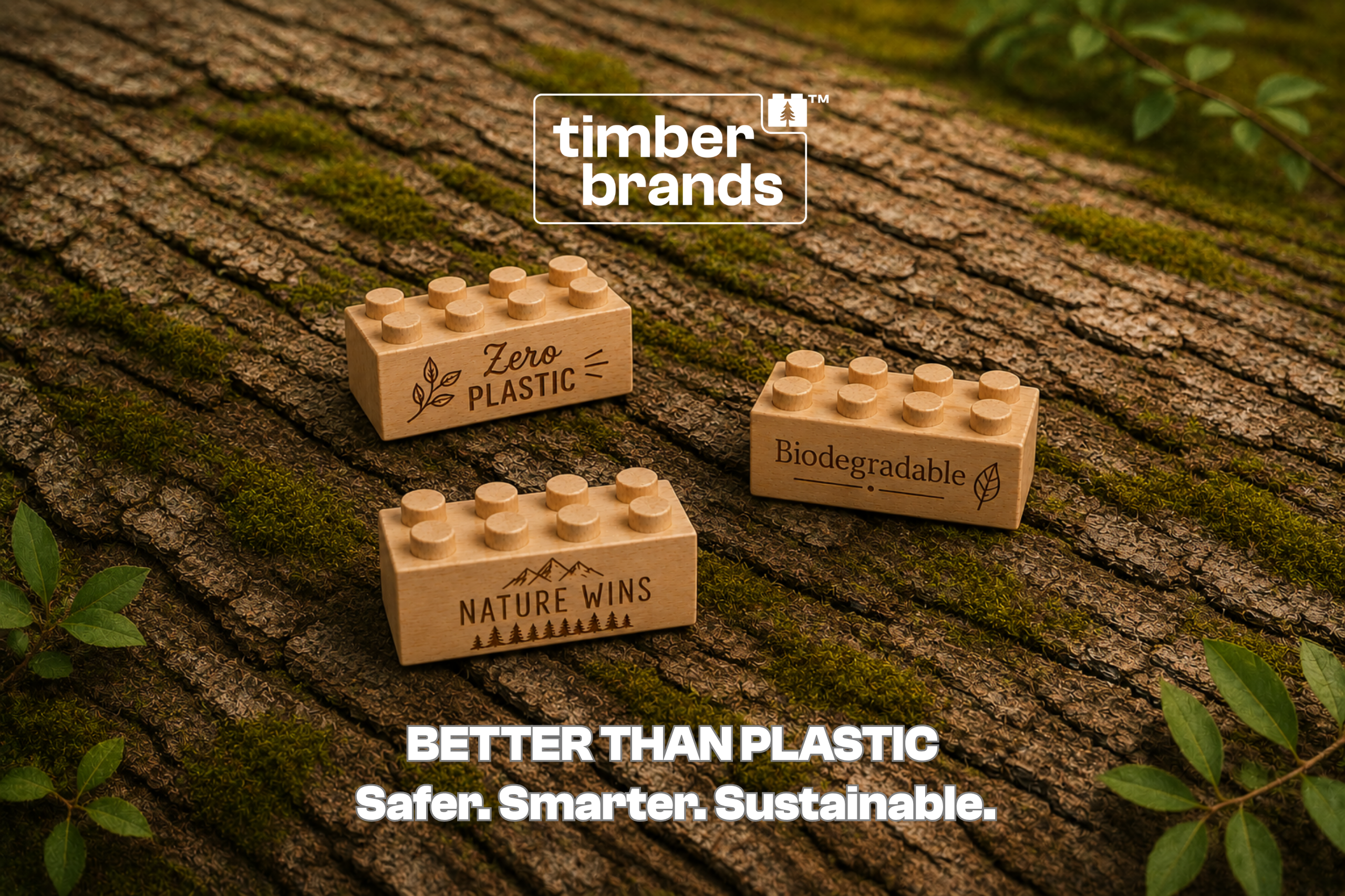 Three Timber Brands wooden building bricks engraved with "Zero Plastic," "Biodegradable," and "Nature Wins" resting on moss-covered wood, beneath the words "Better Than Plastic."