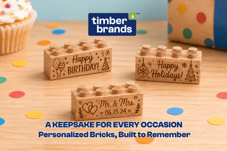 Three Timber Brands wooden building bricks engraved with "Happy Birthday!," "Happy Holidays!," and "Mr. & Mrs. 06.15.24" on a wood table with a cupcake and gift box, beneath the words "A Keepsake for Every Occasion."