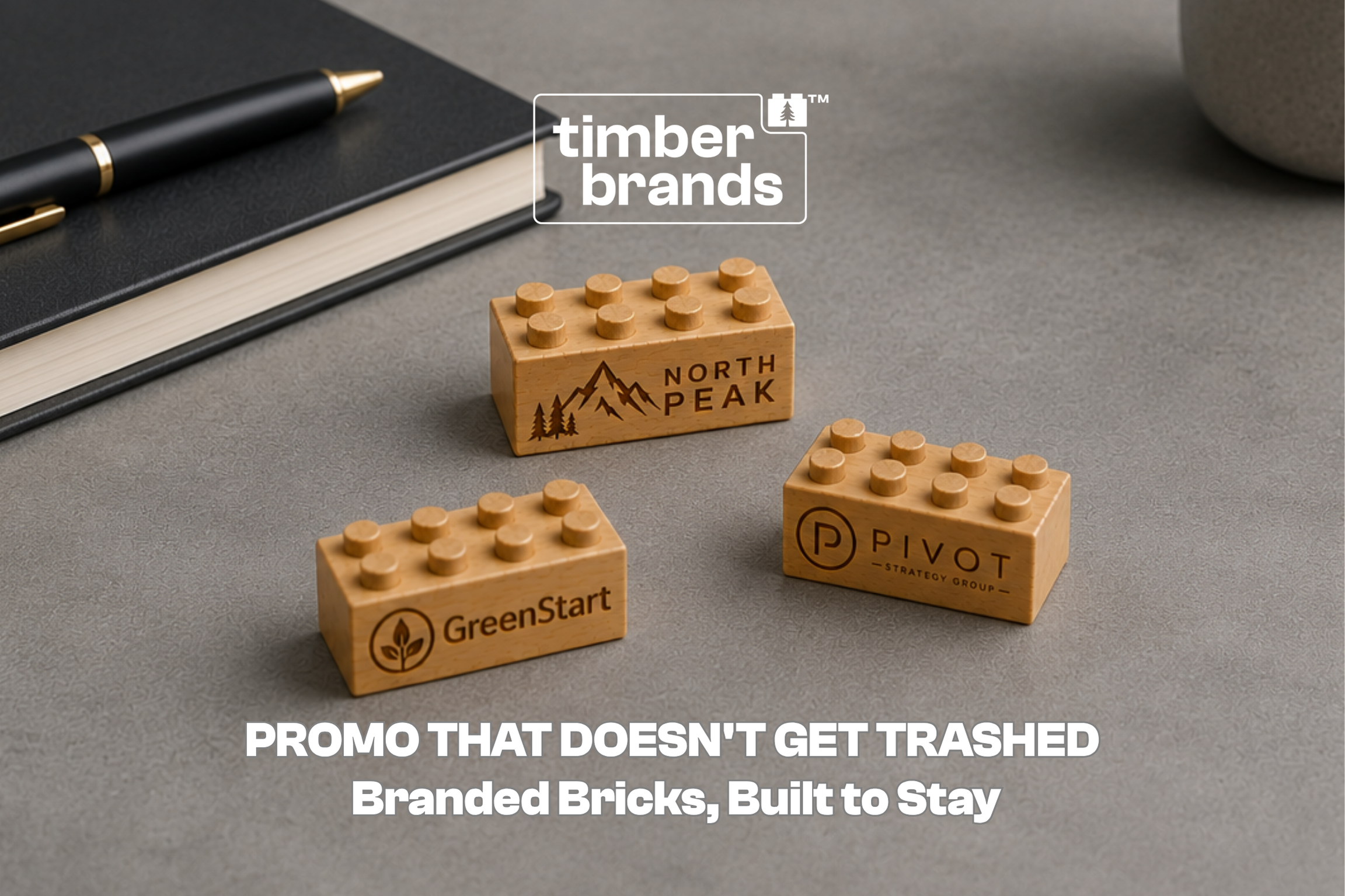 Three Timber Brands wooden building bricks engraved with company logos "North Peak," "GreenStart," and "Pivot Strategy Group" on a desk with a pen and notebook, beneath the words "Promo That Doesn't Get Trashed."