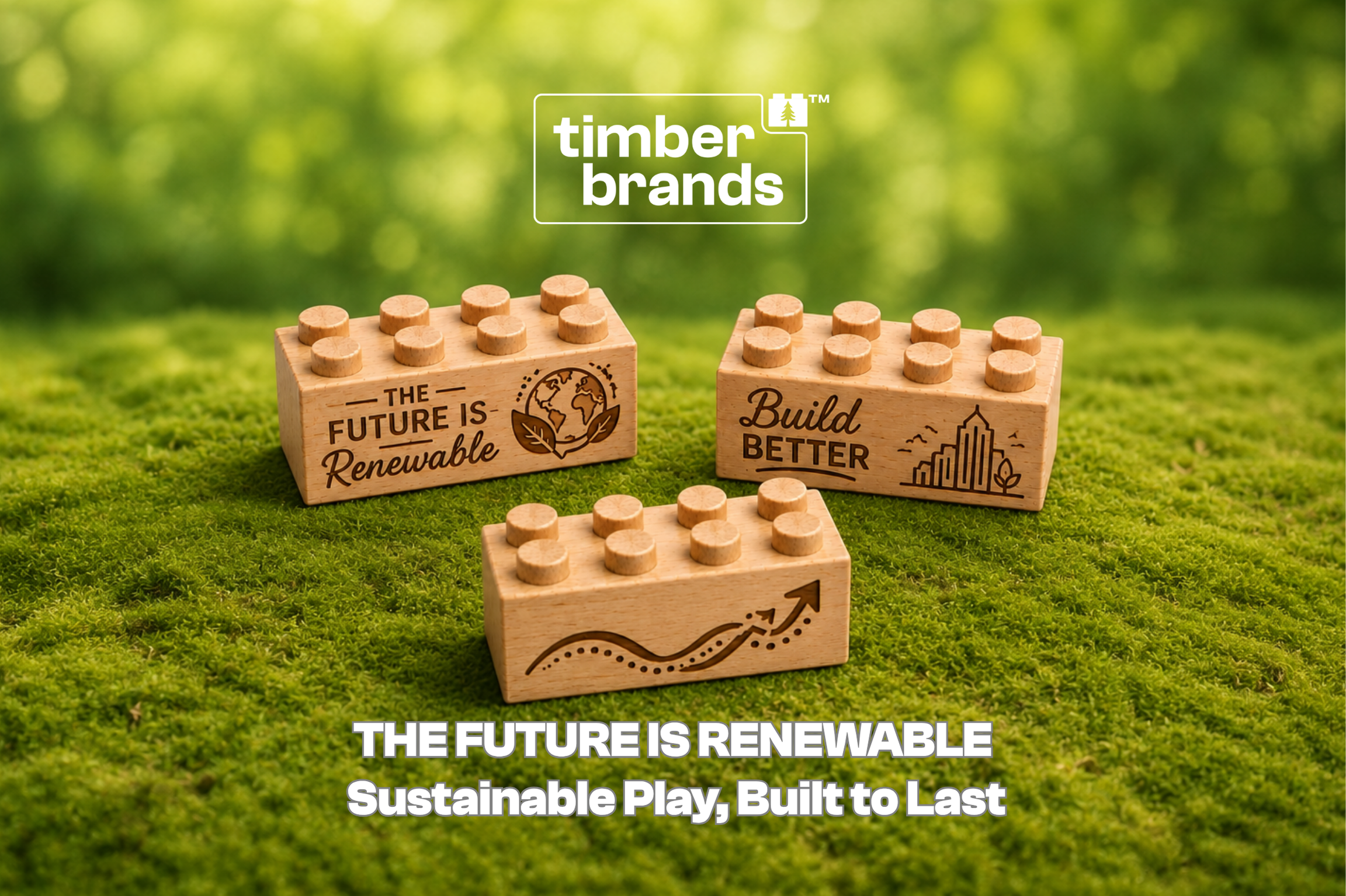 Three Timber Brands wooden building bricks engraved with "The Future Is Renewable," "Build Better," and a growth arrow icon on green grass, beneath the words "The Future Is Renewable."