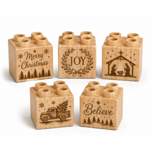 Engraved 2×2 Wood Brick Set Christmas Icons - Plus Size (5 Bricks)