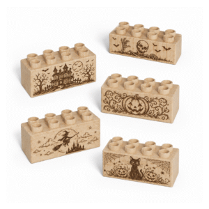 Engraved 2×4 Wood Brick Set Halloween Icons - Plus Size (5 Bricks)