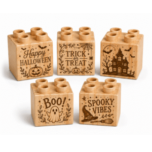 Engraved 2×2 Wood Brick Set Halloween Spooky - Plus Size (5 Bricks)