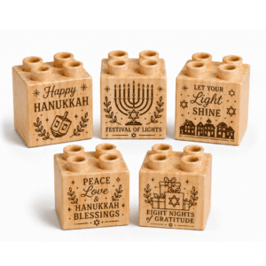 Engraved 2×2 Wood Brick Set Hanukkah Blessings - Plus Size (5 Bricks)