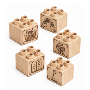 Set of five custom engraved wooden Plus bricks with faith story icon designs including ark, rainbow, dove, and praying hands