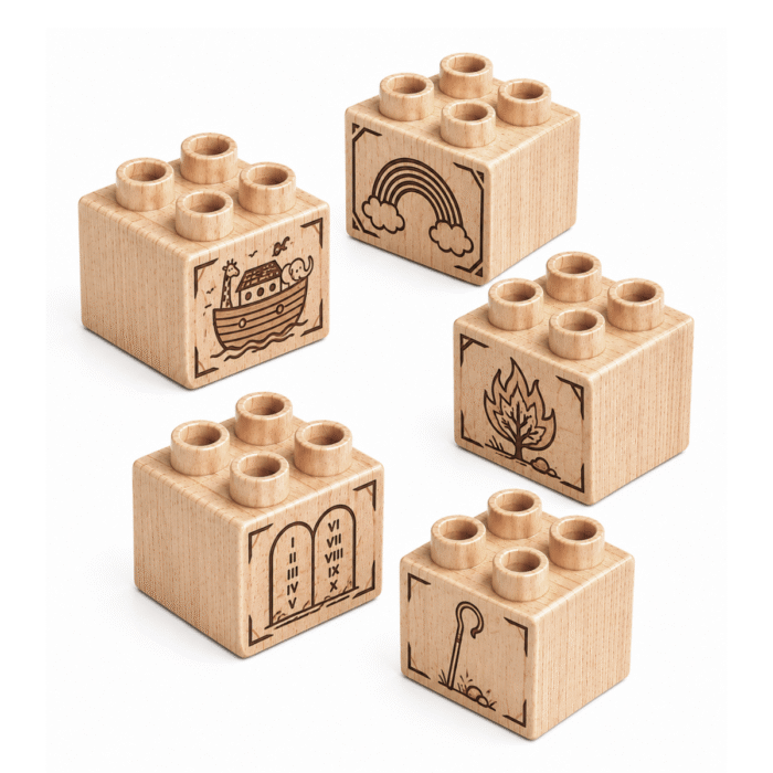 Engraved 2x2 Plus Wooden Brick Set – Faith Story Icons Set of five custom engraved wooden Plus bricks with faith story icon designs including ark, rainbow, dove, and praying hands