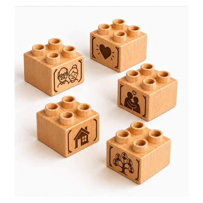 Set of five custom engraved wooden Plus bricks with grandparents icon designs including heart, family, house, and tree