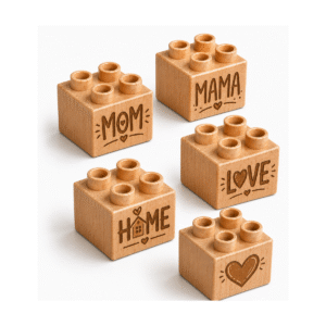 Set of five custom engraved wooden Plus bricks with Mother's Day word designs including "Mom," "Mama," "Home," "Love," and a heart icon