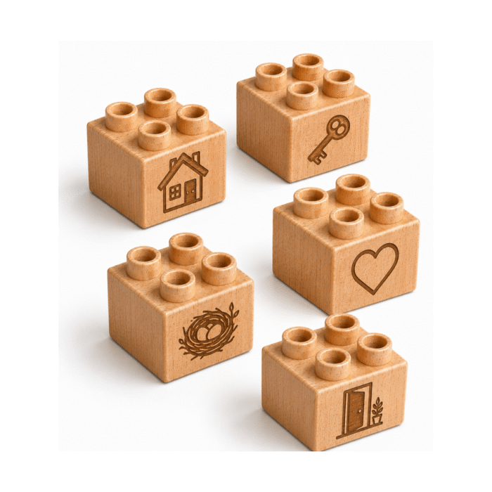 Set of five custom engraved wooden Plus bricks with home icon designs including house, key, nest, and door