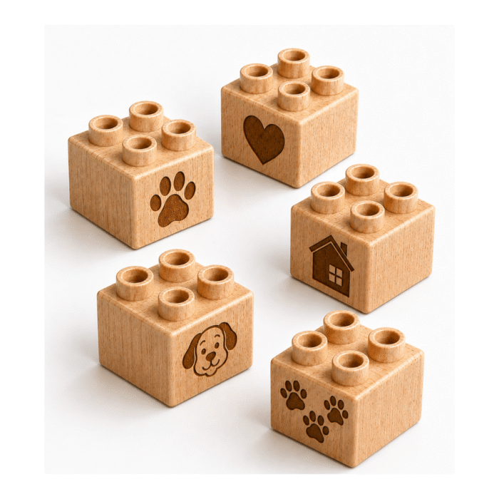 Set of five custom engraved wooden Plus bricks with pet icon designs including heart, paw print, dog, house, and paw prints