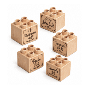 Set of five custom engraved wooden Plus bricks with scripture reference designs including "John 3:16," "Philippians 4:13," "Psalm 23," "Jeremiah 29:11," and "Proverbs"
