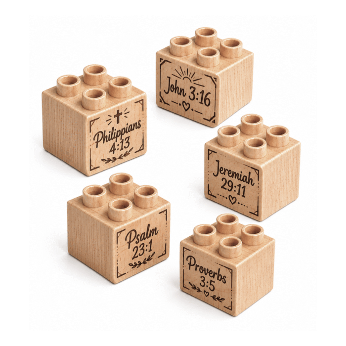 Engraved 2x2 Plus Wooden Brick Set – Scripture References Set of five custom engraved wooden Plus bricks with scripture reference designs including "John 3:16," "Philippians 4:13," "Psalm 23," "Jeremiah 29:11," and "Proverbs"