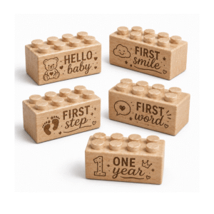 Set of five custom engraved wooden Plus bricks with "Hello Baby, First Smile, First Step, First Word, One Year" milestone designs