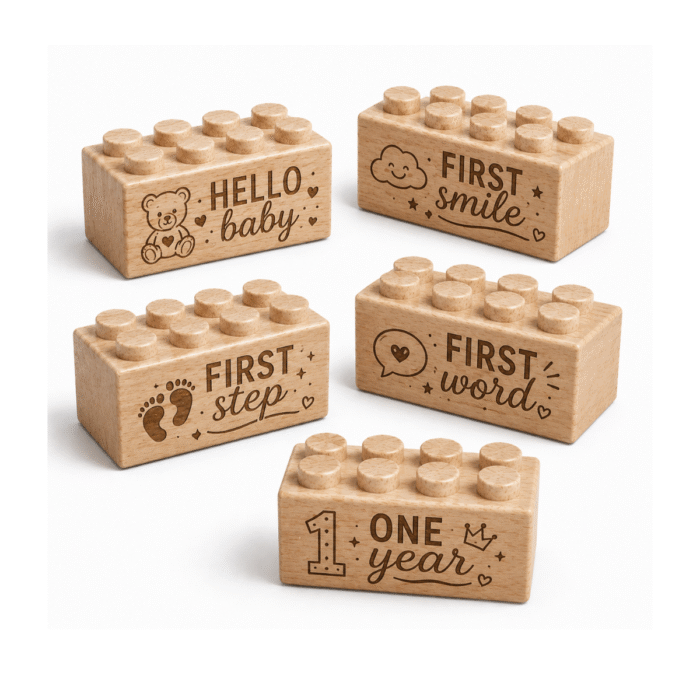 Engraved 2x2 Plus Wooden Brick Set – Baby Milestones Set of five custom engraved wooden Plus bricks with "Hello Baby, First Smile, First Step, First Word, One Year" milestone designs