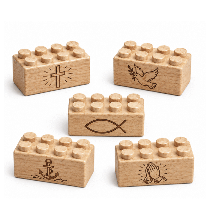 Engraved 2x2 Plus Wooden Brick Set – Faith Icons Set of five custom engraved wooden Plus bricks with faith icon designs including cross, dove, fish, anchor, and praying hands