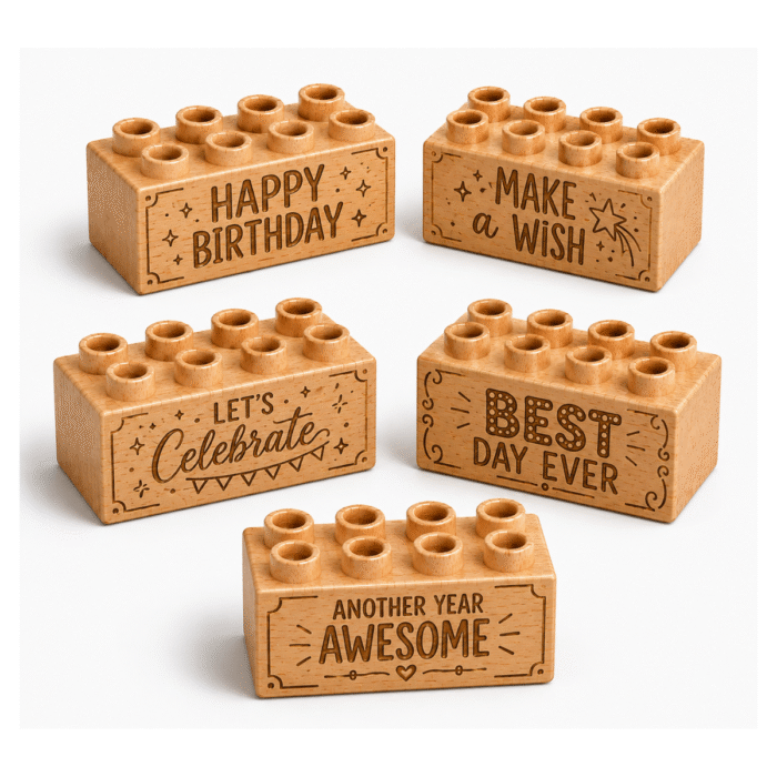 Engraved Wooden Brick Set – Birthday Celebration Phrases Set of five custom engraved wooden bricks with birthday phrase designs including "Happy Birthday," "Make a Wish," "Let's Celebrate," "Best Day Ever," and "Another Year Awesome"