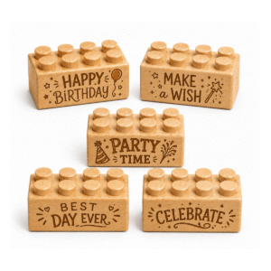Set of five custom engraved wooden Plus bricks with "Happy Birthday, Make a Wish, Party Time, Best Day Ever, Celebrate" phrase designs
