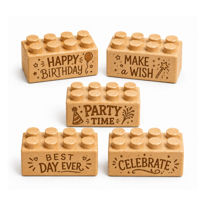 Engraved 2x2 Plus Wooden Brick Set – Happy Birthday Phrases Set of five custom engraved wooden Plus bricks with "Happy Birthday, Make a Wish, Party Time, Best Day Ever, Celebrate" phrase designs